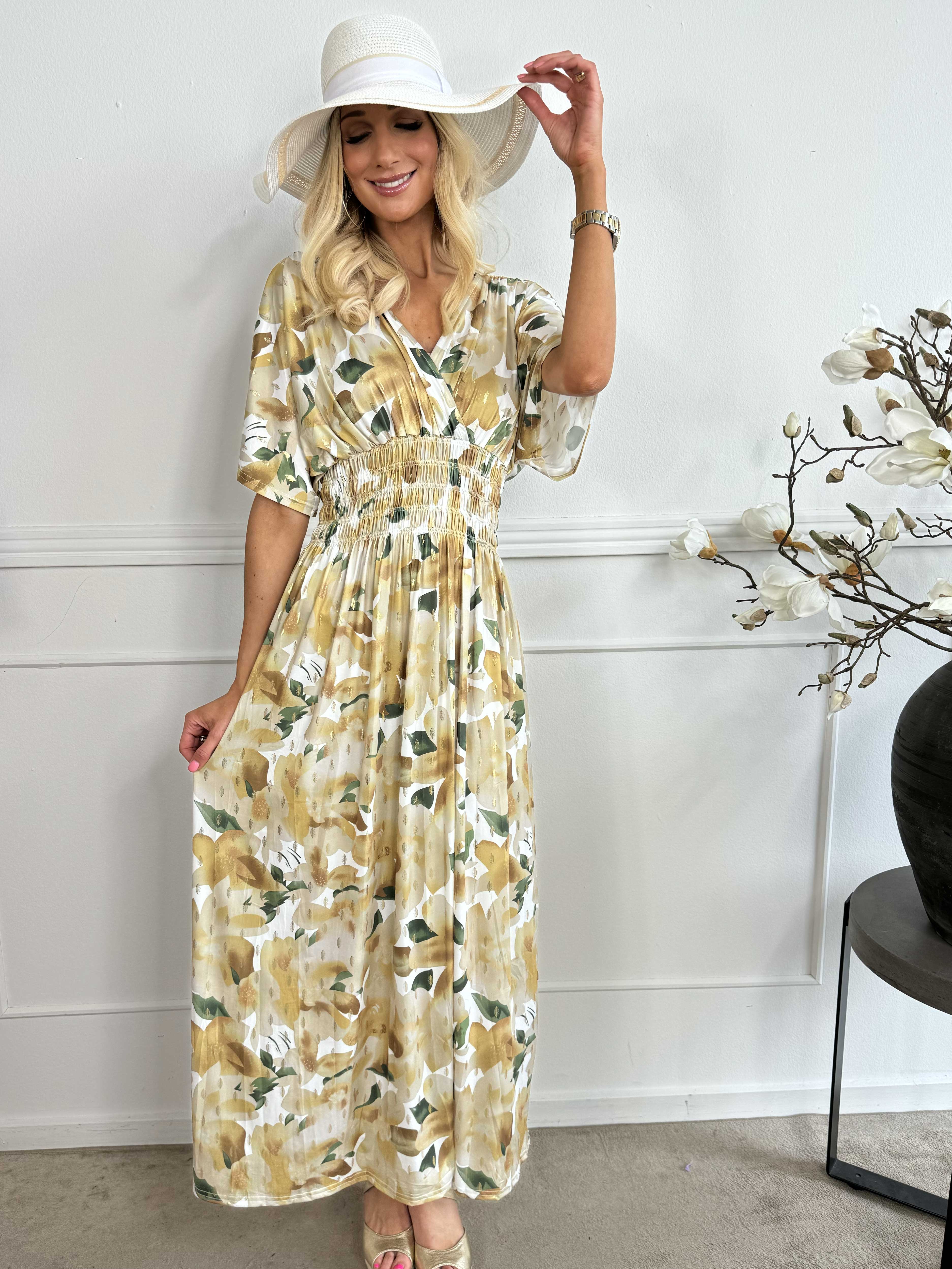 Pams Sweet Flower - Lång elastisk klänning i skrynkelfritt tyg